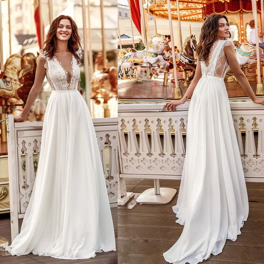 Welcome to a chic, romantic bridal dream. Robe Victoire's gorgeous chiffon dress is designed with a V-neck neckline, lace detailing, and a white backless design for an ultra-feminine look. Perfect for your special day!