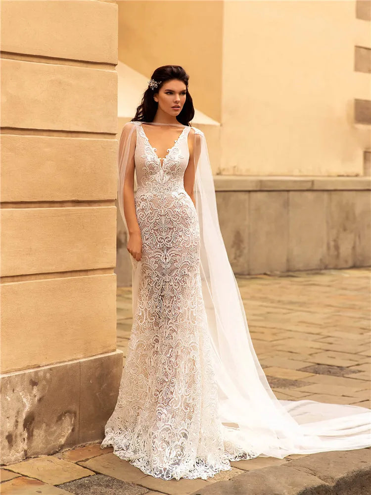 Elevate your bridal look with our Robe Verenice. This lace mermaid wedding dress exudes elegance and sophistication. Perfect for civil ceremonies, its simple yet stunning design will make you feel like a true bride. Say "I do" in style with this exclusive piece.