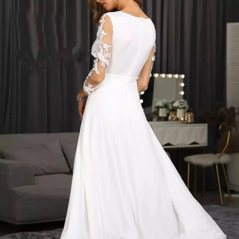 Elegance and versatility combine in our Combinaison Madisson. From the modest long sheer sleeves to the stunning lace detailing, this custom-made jumpsuit is perfect for the modern bride. The detachable skirt train adds a touch of drama, allowing you to seamlessly transition from ceremony to reception.